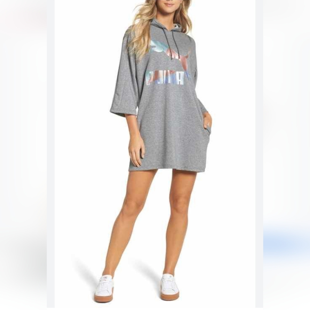 PUMA GLAM OVERSIZED HOODED Sweat shirt DRESS Heather Gray Pockets Sm